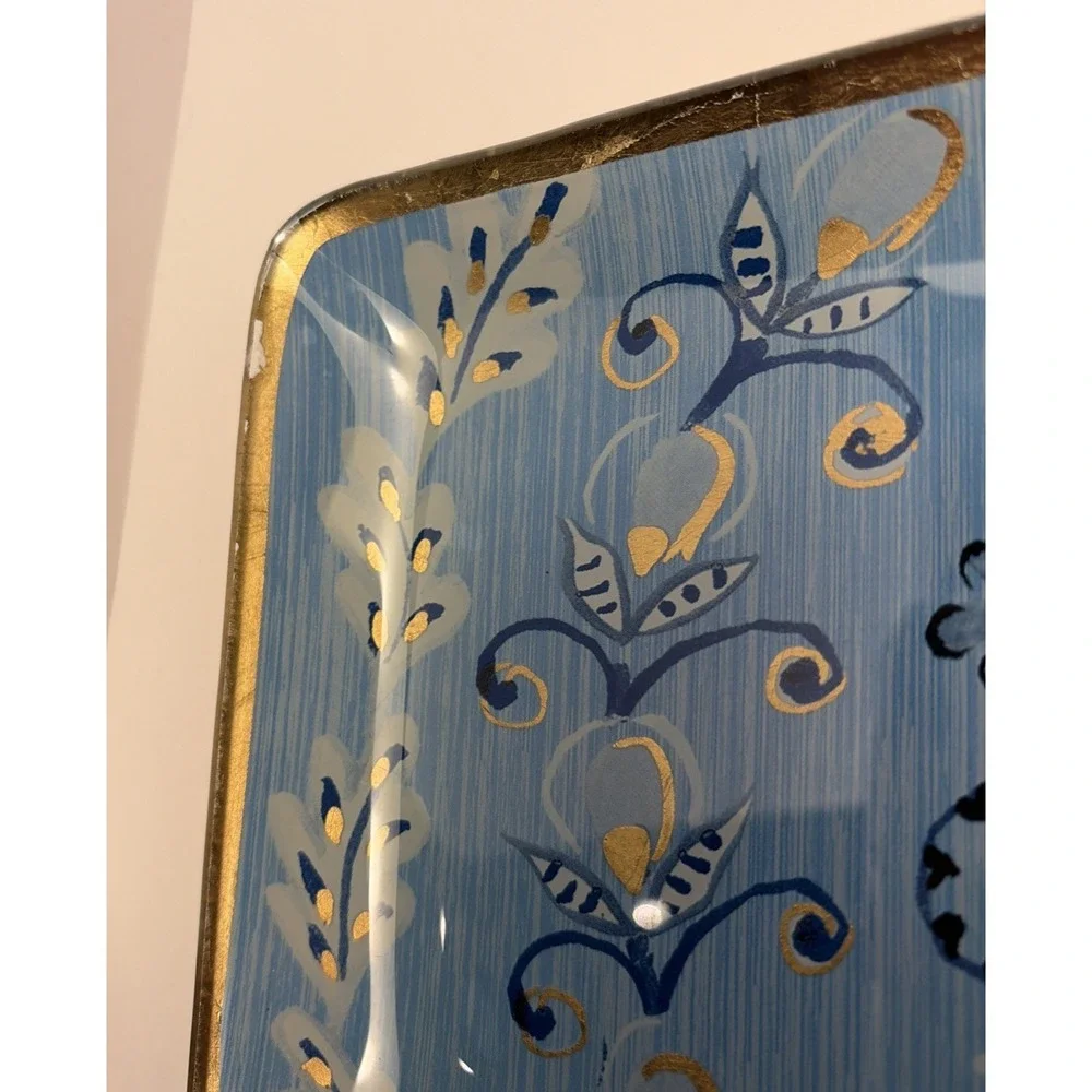 Pier 1 Vintage Blue‎ Gold Foil Art Glass Birds Oblong Serving Tray Dish Whimsy
